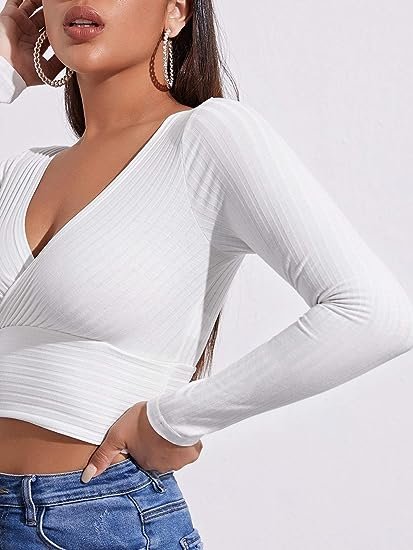Women's Deep V Neck Long Sleeve Cross Wrap Crop Tops