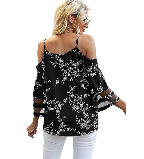 Women‘s Summer Cold Shoulder Tops Mesh Panel 3/4 Bell Sleeve Tees Adjustable Spaghetti Strap Loose Fit Shirts