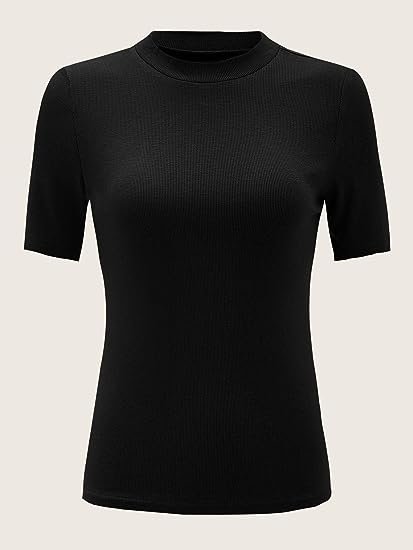 Women's Casual Basic Mock Neck Short Sleeve Rib Knit Tee Top