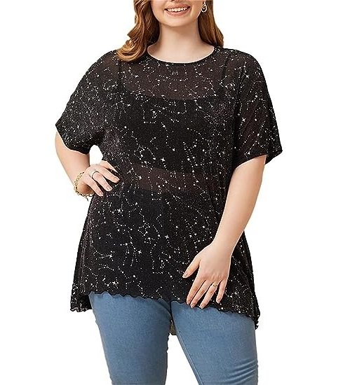 Women's Plus Size Star Print Mesh Glitter Round Neck Short Sleeve Oversized Tee Top