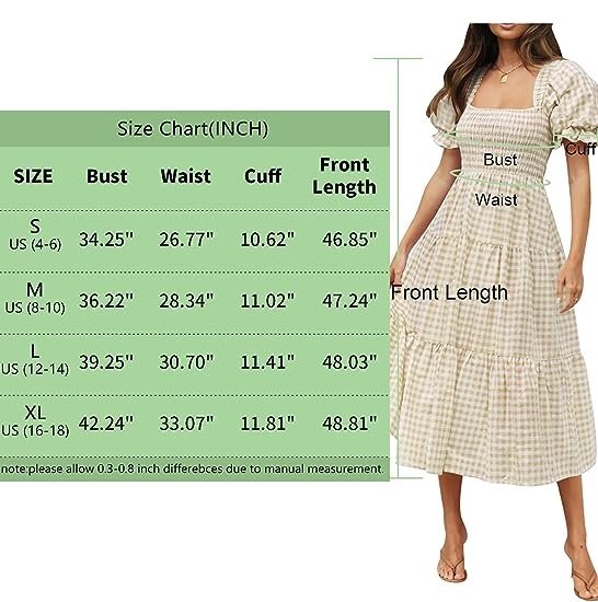 Women's Bohemian Summer Plaid Square Neck Puff Sleeve Ruffle Midi Dress