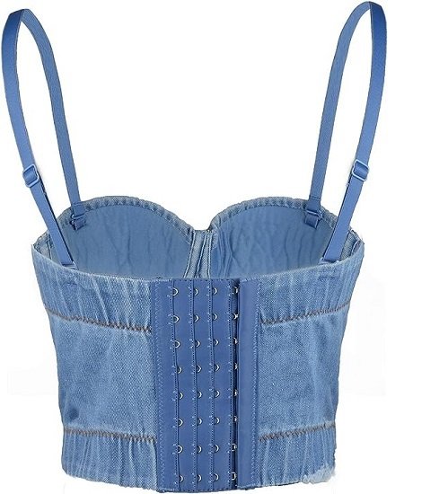 Women's Denim Bustier Crop Top Jean Corset Top Bra with Detachable Straps