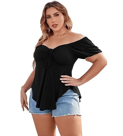 Women's Plus Size Off Shoulder Tie Front Short Sleeve Curved Hem T Shirt Tops