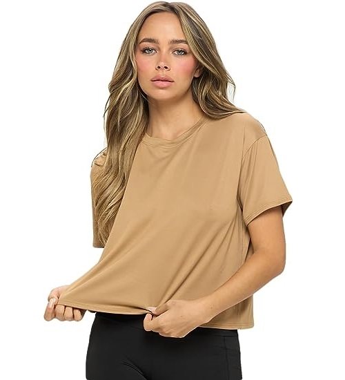 Women's Cropped Tops - Short Sleeve Soft Square Crew Neck Casual Cropped Tee
