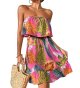 Women's Floral Summer Beach Dress Tropical Leaves Print Sleeveless Ruffle Hem Bandeau Dress