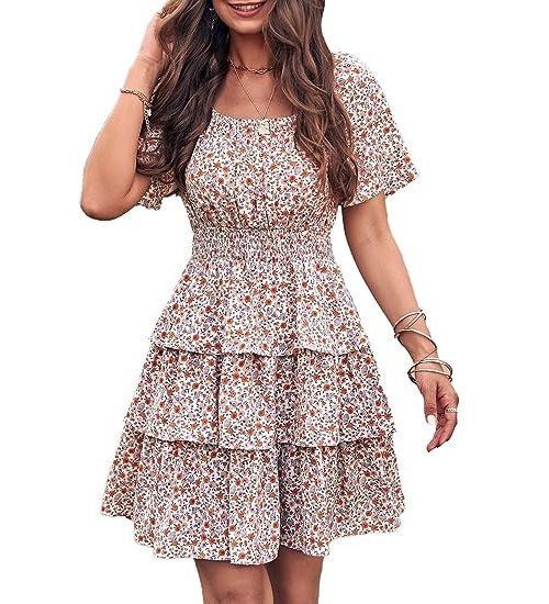 Women's Floral Summer Short Dress Square Neck Short Sleeve Tiered Ruffle Boho Swing Dresses