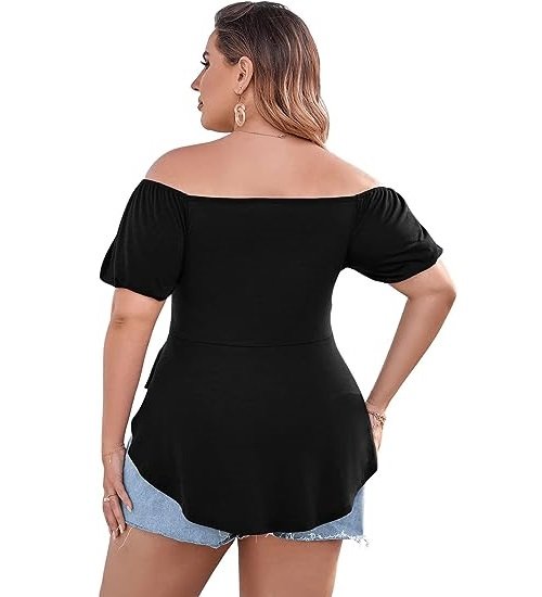 Women's Plus Size Off Shoulder Tie Front Short Sleeve Curved Hem T Shirt Tops