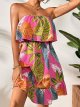 Women's Floral Summer Beach Dress Tropical Leaves Print Sleeveless Ruffle Hem Bandeau Dress