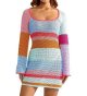 Women's Crochet Dress Long Sleeve Colorful Mesh Casual Sweater Dress