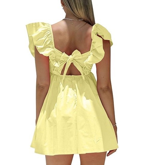 Womens Sexy Deep V Neck Ruffle Sleeve Mini Dress Backless Lace Up Summer Dresses